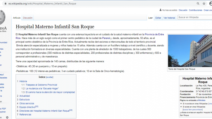 El Hospital Materno Infantil San Roque en la Wikipedia